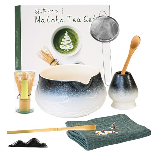 8er Matcha Set Rosa,Keramik Macha Tea Set mit mit Matcha Bowl Chasen Whisk Holder Chashaku Sieve Löffelhalter Geschirrtuch Traditionelle Japanisches Tee-Set Matchaset für Teeliebhaber (8, Schwarz) von Skeadex