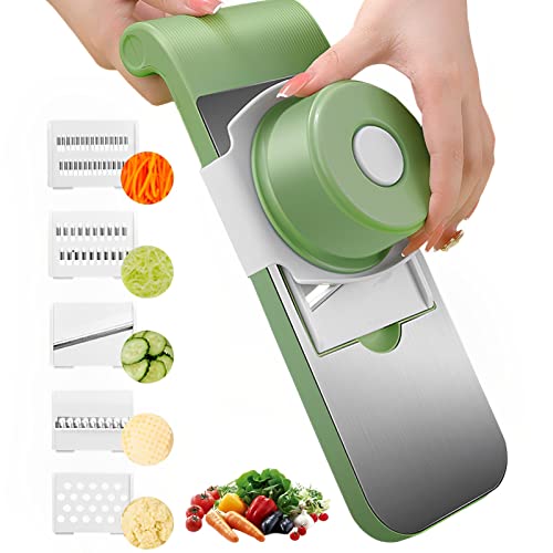 Gemüseschneider, Multifunktion Gemüsereibe Manuell 5 Austauschbare Klingen Gemüsehobel Kartoffelschneider Gemüsehobel Vegetable Chopper (Grün mit Handschutz) von Skeadex