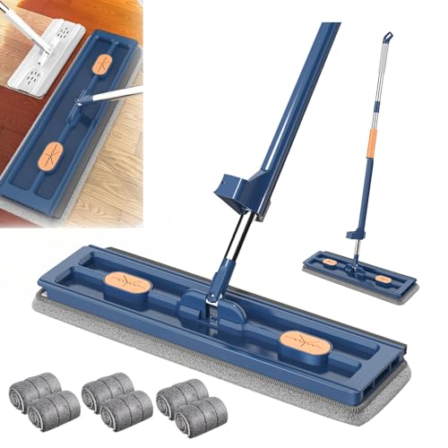 Großer Flachmop Bodenwischer Flacher Wischmopp Flachmopp mit Auswringfunktion 360° Drehgelenk Bodenwischer Set mit Wiederverwendbare Mikrofaser Wischpads für alle Böden (Blau Mopp+6 Wischpads) von Skeadex
