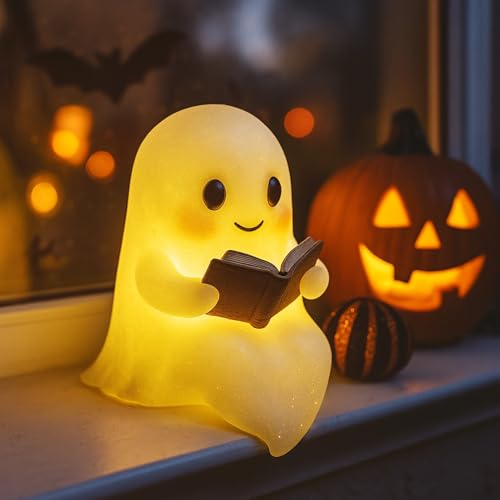 Halloween Deko Geister Leselampe,Harz Geister LED Nachtlicht Kinder Mädchen Buchlampe Halloween Lampe Ghost Reading Book Lamp Leuchtende Geisterfigur Gespenst Nachtlampe für Schlafzimmer Tisch (A) von Skeadex