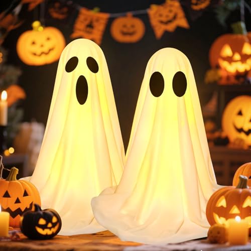 Halloween Deko Geister mit LED Licht, 2er 37 cm Beleuchtete Halloween Geister Deko mit Timer,Stehendes Gespenst Deko Halloween Batteriebetriebene,Ghosts of Halloween für Tisch Hof Terrasse (B) von Skeadex