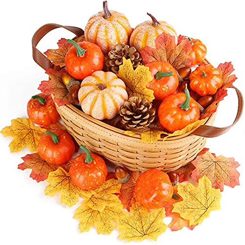 Skeadex 128 Stück Künstliche Kürbis Deko Herbstdeko Set Halloween Deko Kürbisse Zierkürbisse Ernte Kürbis Ahornblätter, Tannenzapfen und Eicheln für Herbst Halloween Party Dekor (128pcs) von Skeadex