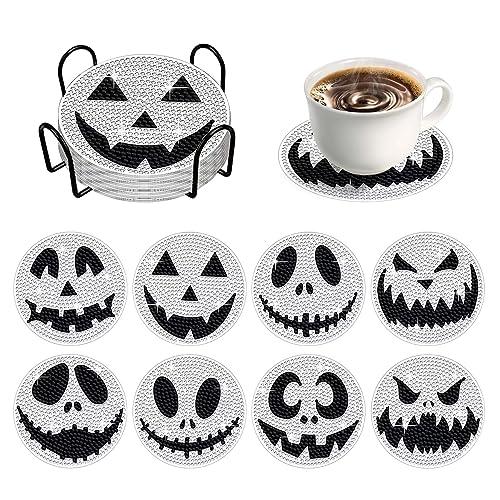 Skeadex 8 Stück Halloween Diamond Painting Untersetzer mit Halter, Geister Diamond Painting Halloween Tassenuntersetzer 5D Diamant Malerei Herbst Untersetzer für Anfänger Erwachsene Kinder (C) von Skeadex