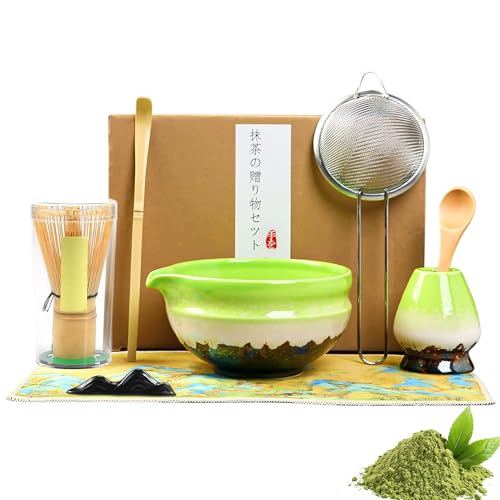 Skeadex 8 Teiliges Matcha Set, Matcha Besen Set mit Matcha Zubehör Schale Löffel Sieb Besenhalter Matchabesen Besenständer, Traditionelle Japanisches Tee-Set, Matchaset für Teeliebhaber (A) von Skeadex
