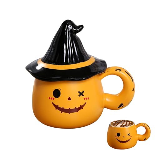 Skeadex Geister Tasse, Halloween Tasse mit Deckel, 330ml Keramik Süße Geister Kaffeetasse mit Griff, Halloween Mug Geist Tasse für Erntedankfest, Halloween Geschenk (Orange) von Skeadex