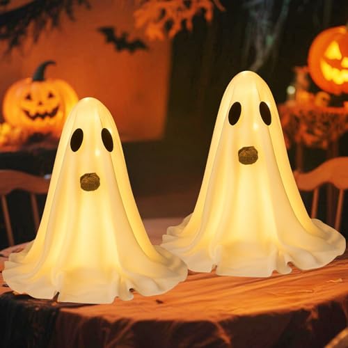 Skeadex Halloween Deko Geister mit 20 LED Licht, 50CM Weiß Stehendes Halloween Geister Deko Leuchtend Gespenst Deko Batteriebetriebene Helloween Deko Geist Beleuchtete für Tisch Hof Terrasse (2pcs) von Skeadex