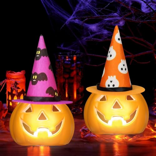 Skeadex Halloween Deko Kürbis LED, Herbstdeko Plastik Kürbis Laterne mit Hut,Deko Halloween Kürbis Windlicht mit Akku, Herbstdeko Kürbis Beleuchtet für Erntedankfest Tischdeko Garten (A+C) von Skeadex