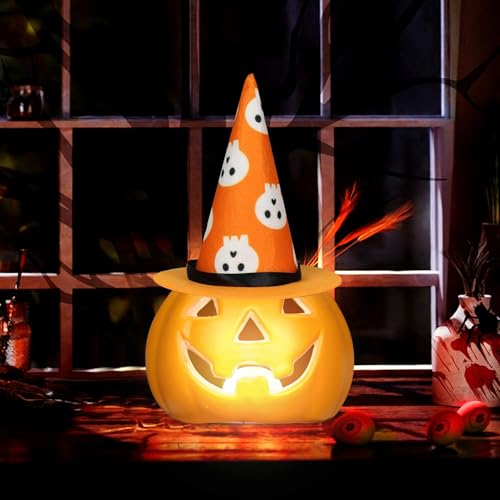 Skeadex Halloween Deko Kürbis LED, Herbstdeko Plastik Kürbis Laterne mit Hut,Deko Halloween Kürbis Windlicht mit Akku, Herbstdeko Kürbis Beleuchtet für Erntedankfest Tischdeko Garten (C) von Skeadex