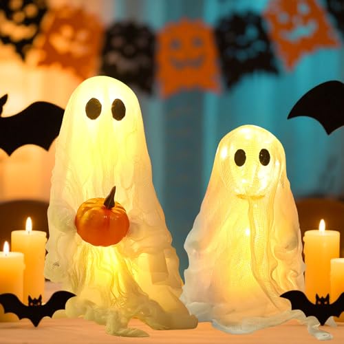 Skeadex Halloween Deko Leuchtend Geister, 2er Halloween Geister Umarmender Kürbis mit LED Licht Batteriebetriebene, Geister Deko Halloween 3 Lichtmodi, Stehendes Gespenst für Tisch Party Garten (B) von Skeadex