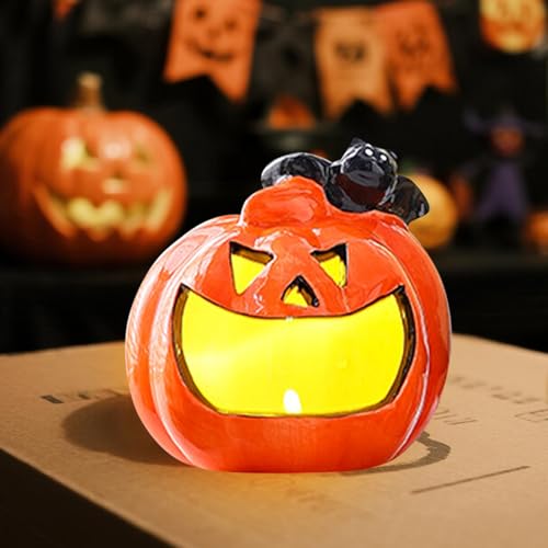 Skeadex Halloween Kürbis Keramiklampe Windlicht mit Batterie 3 Designs Fledermaus Hexe Blatt für Innen- und Außenbereich Halloween Beleuchtung (A) von Skeadex