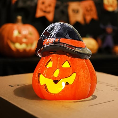 Skeadex Halloween Kürbis Keramiklampe Windlicht mit Batterie 3 Designs Fledermaus Hexe Blatt für Innen- und Außenbereich Halloween Beleuchtung (B) von Skeadex