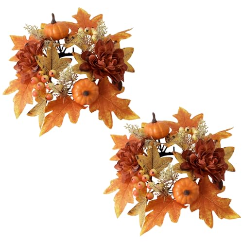 Skeadex Herbstdeko Kerzenringe für Stabkerzen,20/25cm Kerzenkranz Herbst mit Kürbis Ahornblatt Künstlich Herbstkranz Klein Herbst Tischdeko Mini Kranz Herbst Kerzenringe für Stabkerzen (B*2) von Skeadex