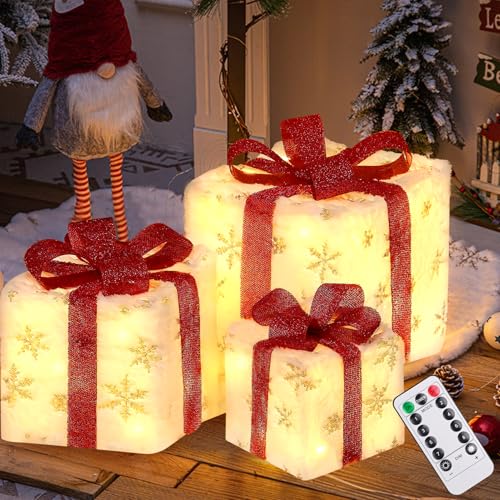 Skeadex LED Geschenkbox Weihnachten, 3er Set LED Geschenkboxen mit Fernbedienung, LED Weihnachtsdeko Weihnachtenbox Beleuchtet mit Schleife 8 Modi, LED Geschenke für Party Geburtstag Weihnachten Deko von Skeadex