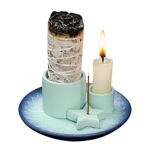 Skeadex Räucherstäbchenhalter, 4 in 1 Multi-Functional Räucherstäbchen Halter, Keramik Räucherkerzen Halter Sage Burner, Palo Santo Halter Räucherschale Kerzenständer für Meditation YOG (Blau) von Skeadex