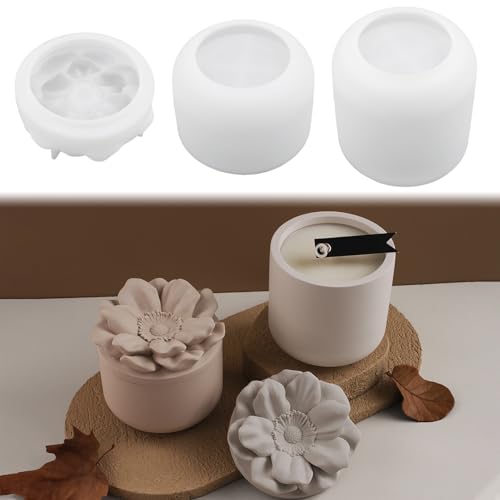 Skeadex Silikonformen Gießformen Dose, 3er Silikonform Dose mit Blume Deckel Gießform Kerzenhalter Gießformen Silikon Cup Kerzenformen zum Gießen Silikonform Teelichthalter von Skeadex