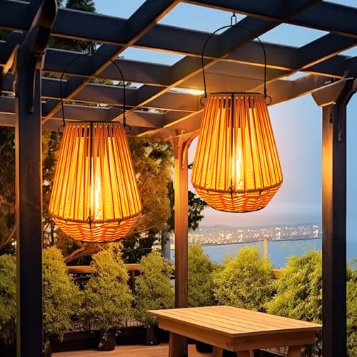 Solarlaterne für Außen,Solarlampen für Draußen Hängend,Rattan Balkon Solarleuchten mit LED-Glühbirne,Balkon Deko Wetterfest Solar Hängeleuchte,Solar Laternen für Terrasse Balkon Garten Deko (A+B) von Skeadex