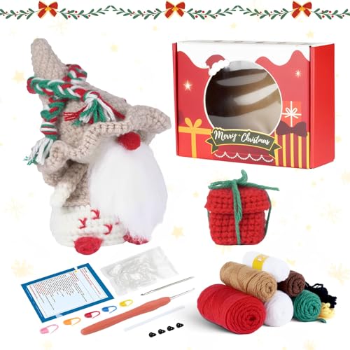 Weihnachten Häkelset für Anfänger Crochet Set für Erwachsene und Kinder Weihnachts Zwerg Häkel Kits DIY Häkelset Niedlicher Hirsch Zwerg Häkeln Starter Kit (Aprikose) von Skeadex