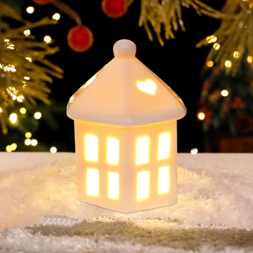 Weihnachtsdeko Beleuchtet,LED Lichterhaus Keramik Weiß Weihnachtsdorf Beleuchtet,Lichthäuser Weisse LED Weihnachtshäuser Batteriebetriebenen,Teelichthalter Windlicht Haus LED Weihnachten Deko (05) von Skeadex