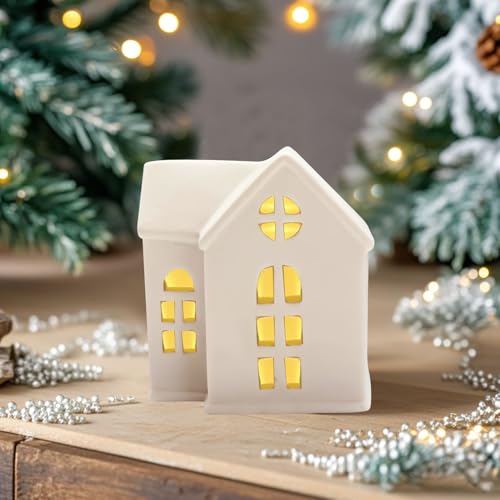 Weihnachtsdeko Beleuchtet,LED Lichterhaus Keramik Weiß Weihnachtsdorf Beleuchtet Lichthäuser Weisse LED Weihnachtshäuser Batteriebetriebenen Teelichthalter Windlicht Haus LED Weihnachten Deko (14) von Skeadex