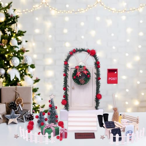 Wichtel Zubehör Weihnachtsdeko Weihnachten Set Wichteltür Weihnachtswichtel Tür Set Weihnachtsdeko Elfentür Miniatur Wichtel Zubehör mit Miniatur Briefkästen, Zäun, Leiter für Kinder Geschenke von Skeadex