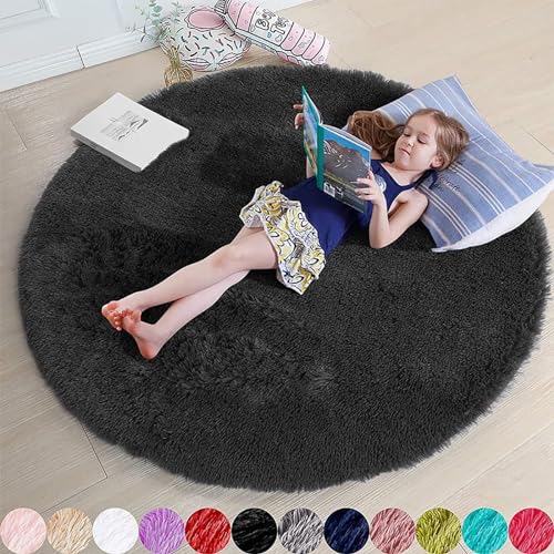 Skeiyo Teppiche Rund Shaggy Wohnzimmer, für Kinderzimmer Schlafzimmer Wohndekoration Pelziger Teppich,Schwarz 140cm von Skeiyo