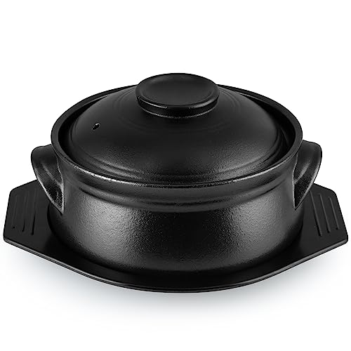 Skelang Koreanische Bibimbap-Schale, Keramikschalen, Meeresfrüchtepfanne mit Deckel und Tablett, zum Kochen von Nudeln, Suppe, Reis, Kapazität 1,6 L (Mattschwarz) von Skelang