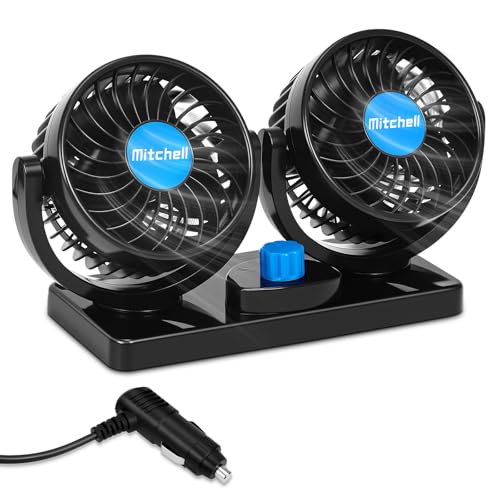Auto Ventilator 12V, Doppelkopf Lüfter mit 360° Drehung und 2 Geschwindigkeiten, Einstellbarer Zigarettenanzünder-Anschluss, Leiser Auto Lüfter für LKW, SUV, Van, Wohnmobil, Boot & Auto im Sommer von Skibiles