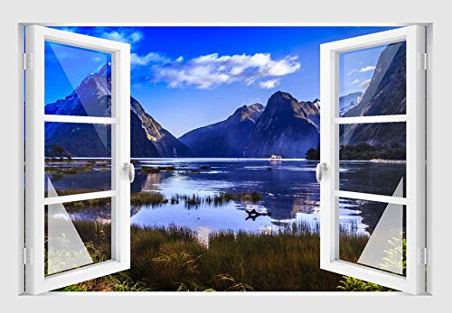 Skins4u Fenster 3D Optik Wandtattoo Wandbild Aufkleber Wand Dekoration Foto Bild Tapete Motiv Berge und See von Skins4u