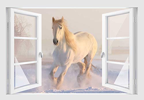 Skins4u Fenster 3D Optik Wandtattoo Wandbild Aufkleber Wand Dekoration Foto Bild Tapete Motiv Pferd im Schnee von Skins4u