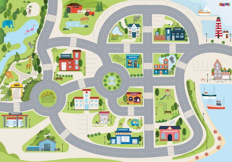 SkippiDoo Kinderteppich Straßenteppich Spielteppich Kinderzimmer Teppich Autoteppich, rechteckig, Höhe: 5 mm, keine sich wiederholende Motive, Antirutsch von SkippiDoo