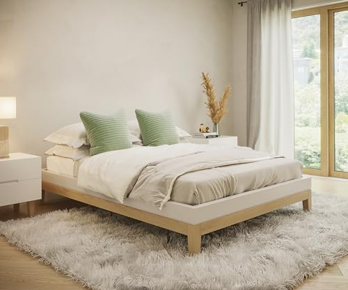 skølm Freyr Bett 140x200 cm, Holzbett weiß/Natur Scandi Style, Doppelbett aus Birke Massivholz und MDF, Bettgestell ohne Kopfteil, Maße: H 32 x B 146 x T 206 cm von Skolm