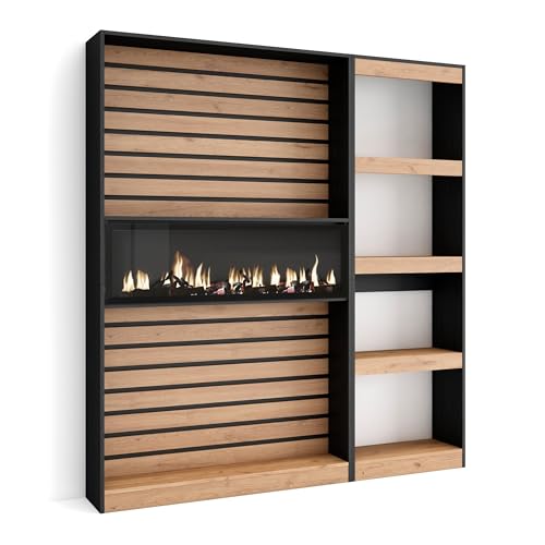 Skraut Home | Bücherregal Bibliothek | Bookshelf, Bookcase | 170x186x25cm | Wohnzimmer, Esszimmer, Büro | Elektrokamin. Maße | Moderner Stil | Eiche Schwarz von Skraut Home