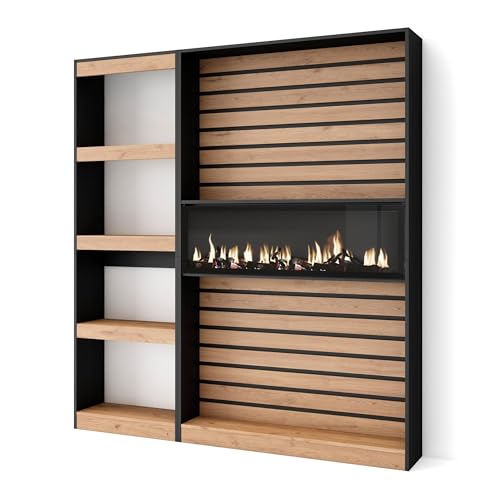 Skraut Home | Bücherregal Bibliothek | Bookshelf, Bookcase | 170x186x25cm | Wohnzimmer, Esszimmer, Büro | Elektrokamin. Maße | Moderner Stil | Weiß und Schwarz von Skraut Home