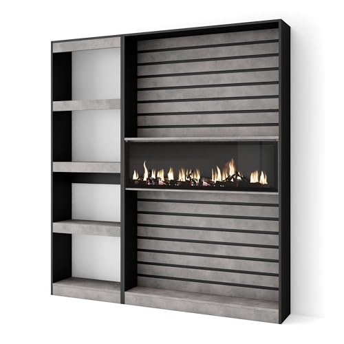 Skraut Home | Bücherregal Bibliothek | Bookshelf, Bookcase | 170x186x25cm | Wohnzimmer, Esszimmer, Büro | Elektrokamin. Maße | Moderner Stil | Zement von Skraut Home