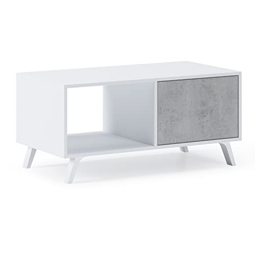 Skraut Home – Couchtisch – 45 x 92 x 50 cm – Niedriger Tisch, ideal für Wohnzimmer oder Esszimmer – Windmodell – widerstandsfähiges Holz – Hilfsmöbel – Weiß/Zement-Finish von Skraut Home