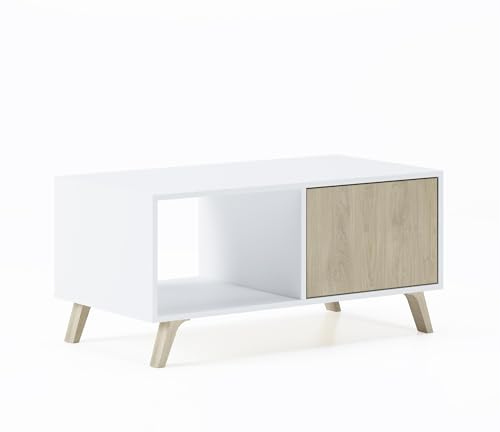 Skraut Home – Couchtisch – 45 x 92 x 50 cm – niedriger Tisch ideal für Wohnzimmer oder Esszimmer – Windmodell – widerstandsfähiges Holz – Hilfsmöbel – Weiß/Puccini-Finish von Skraut Home
