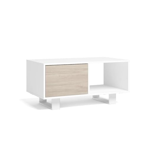 Skraut Home | Couchtisch mit Türen | 92 x 50 x 45 cm | Esszimmer | Modell Wind| Farbe Weiß/Eiche von Skraut Home