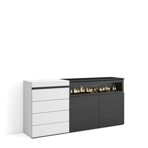 Skraut Home | Kommode mit Schubladen | Aufbewahrungsschrank | 157x75x35 cm | Für Schlafzimmer, Zimmer | Elektrokamin. | Moderner Stil | Weiß und Schwarz von Skraut Home