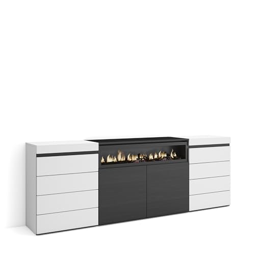 Skraut Home | Kommode mit Schubladen | Aufbewahrungsschrank | 214x75x35 cm | Für Schlafzimmer, Zimmer | Elektrokamin. | Moderner Stil | Weiß und Schwarz von Skraut Home