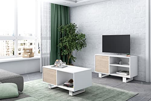 Skraut Home Möbelset Wind| Wohnzimmer/Esszimmer-Set | bestehend aus 1 TV100 und 1 Couchtisch | Weiß/Eiche | Füße weiß von Skraut Home