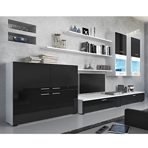 Skraut Home – Möbel für Wohnzimmer – 189 x 300 x 42 cm – LED-Beleuchtungssystem – Beta-Modell – große Speicherkapazität – moderner Stil – weiß/schwarzes Finish von Skraut Home