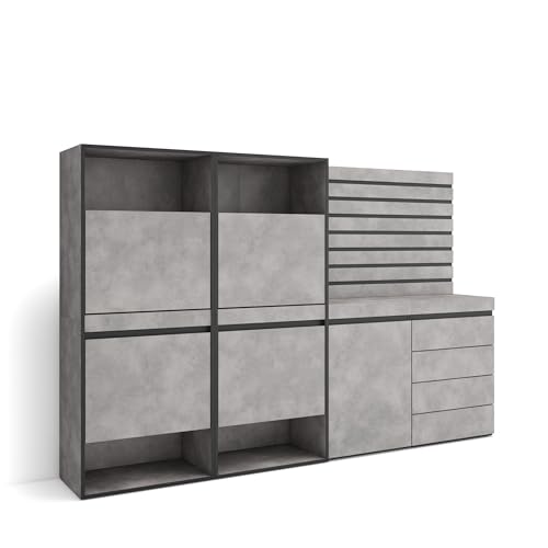 Skraut Home | Schuhregal, Schuhschrank | Schuhaufbewahrung | 227x145x35 cm | Für Schlafzimmer, Zimmer | Kommode mit Schubladen | Lamellenwand Holz | Moderner Stil | Zement von Skraut Home