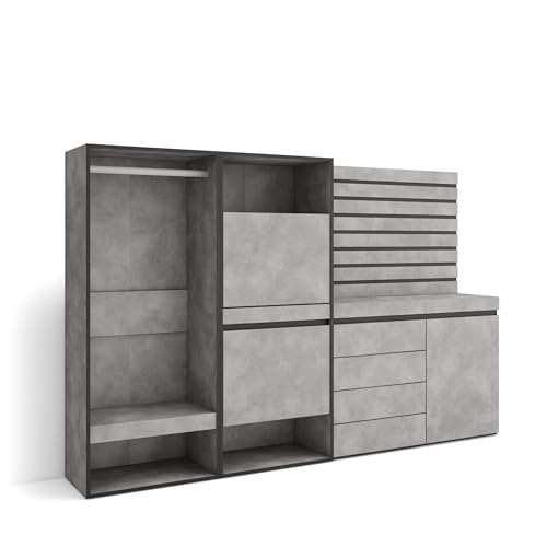 Skraut Home | Schuhregal, Schuhschrank | Schuhaufbewahrung | 227x145x35 cm | Für Schlafzimmer, Zimmer | Offener Kleiderschrank | Kommode mit Schubladen | Lamellenwand Holz | Moderner Stil | Zement von Skraut Home