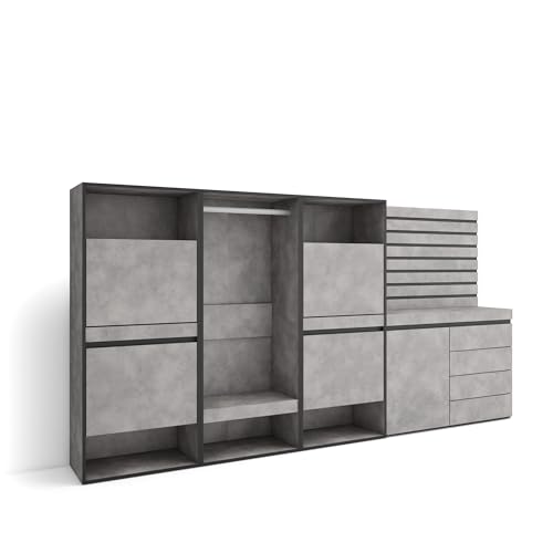 Skraut Home | Schuhregal, Schuhschrank | Schuhaufbewahrung | 287x145x35 cm | Für Schlafzimmer, Zimmer | Offener Kleiderschrank | Kommode mit Schubladen | Lamellenwand Holz | Moderner Stil | Zement von Skraut Home