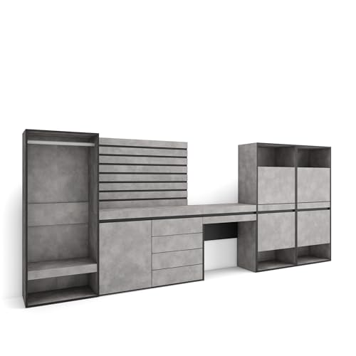 Skraut Home | Schuhregal, Schuhschrank | Schuhaufbewahrung | 357x145x35 | Für Schlafzimmer | Offener Kleiderschrank | Kommode mit Schubladen | Lamellenwand Holz | Schminktisch | Moderner Stil | Zement von Skraut Home