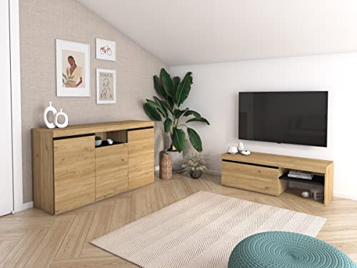 Skraut Home - Set Naturale Wohnzimmer Esszimmer, Beistellmöbel, Buffet-TV-Schrank 120cm Eiche schwarz nordische von Skraut Home