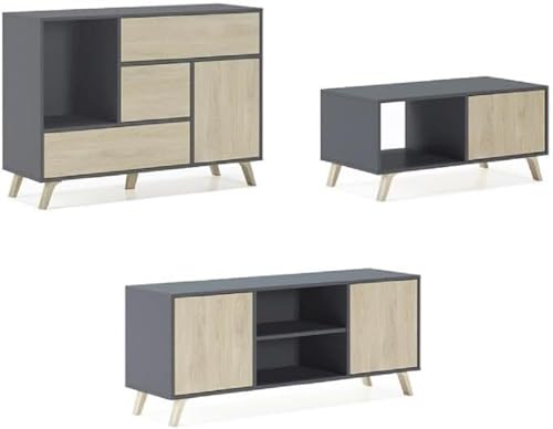 Skraut Home – Sideboard+TV-Schrank+Couchtisch-Set für Wohnzimmer – Windmodell – Esszimmer-Set – Widerstandsfähige Struktur – Einfache Montage – Grau/Puccini-Finish von Skraut Home
