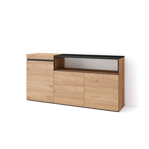 Skraut Home | Sideboard, Highboard | Kommode, Komodenschrank | 150x75x35cm | 3 Türen | Wohnzimmer, Küche | Moderner Stil | Eiche Schwarz von Skraut Home