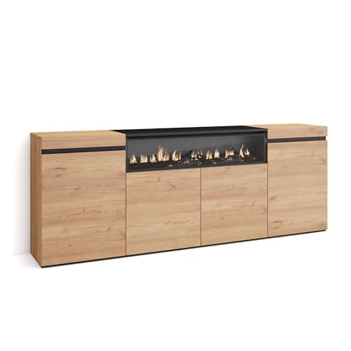 Skraut Home | Sideboard, Highboard | Kommode, Komodenschrank | 200x75x35cm | 4 Türen | Elektrokamin. Maße | Moderner Stil | Eiche Schwarz von Skraut Home