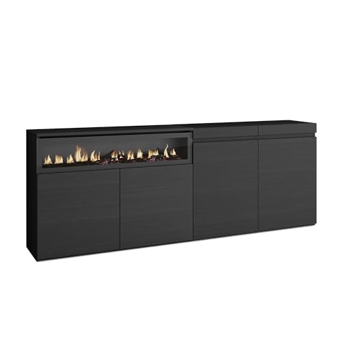 Skraut Home | Sideboard, Highboard | Kommode, Komodenschrank | 200x75x35cm | 4 Türen | Elektrokamin. Maße | Moderner Stil | Schwarz von Skraut Home